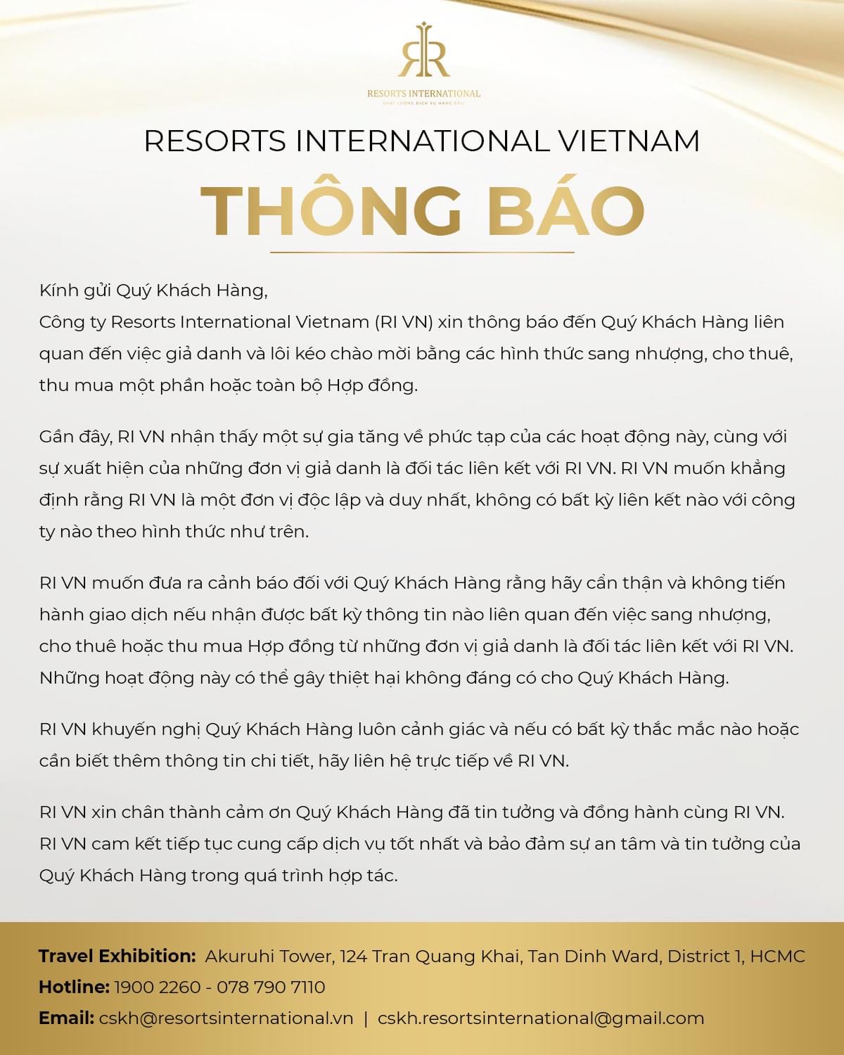 Cảnh báo đối tượng giả danh đối tác với Resort International Vietnam
